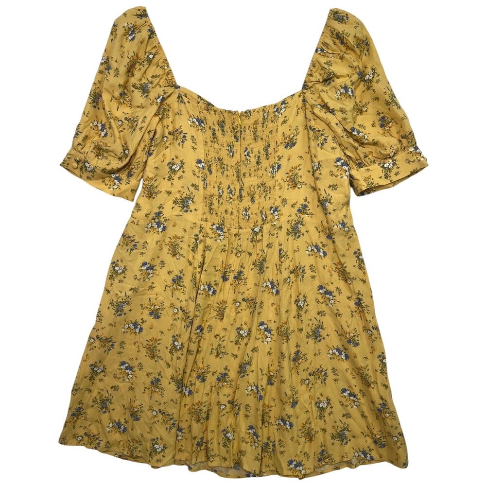 Reformation Mini Dress Womens 16 Yellow Floral Puff Sleeve Smocked Prairie Boho - Picture 2 of 11